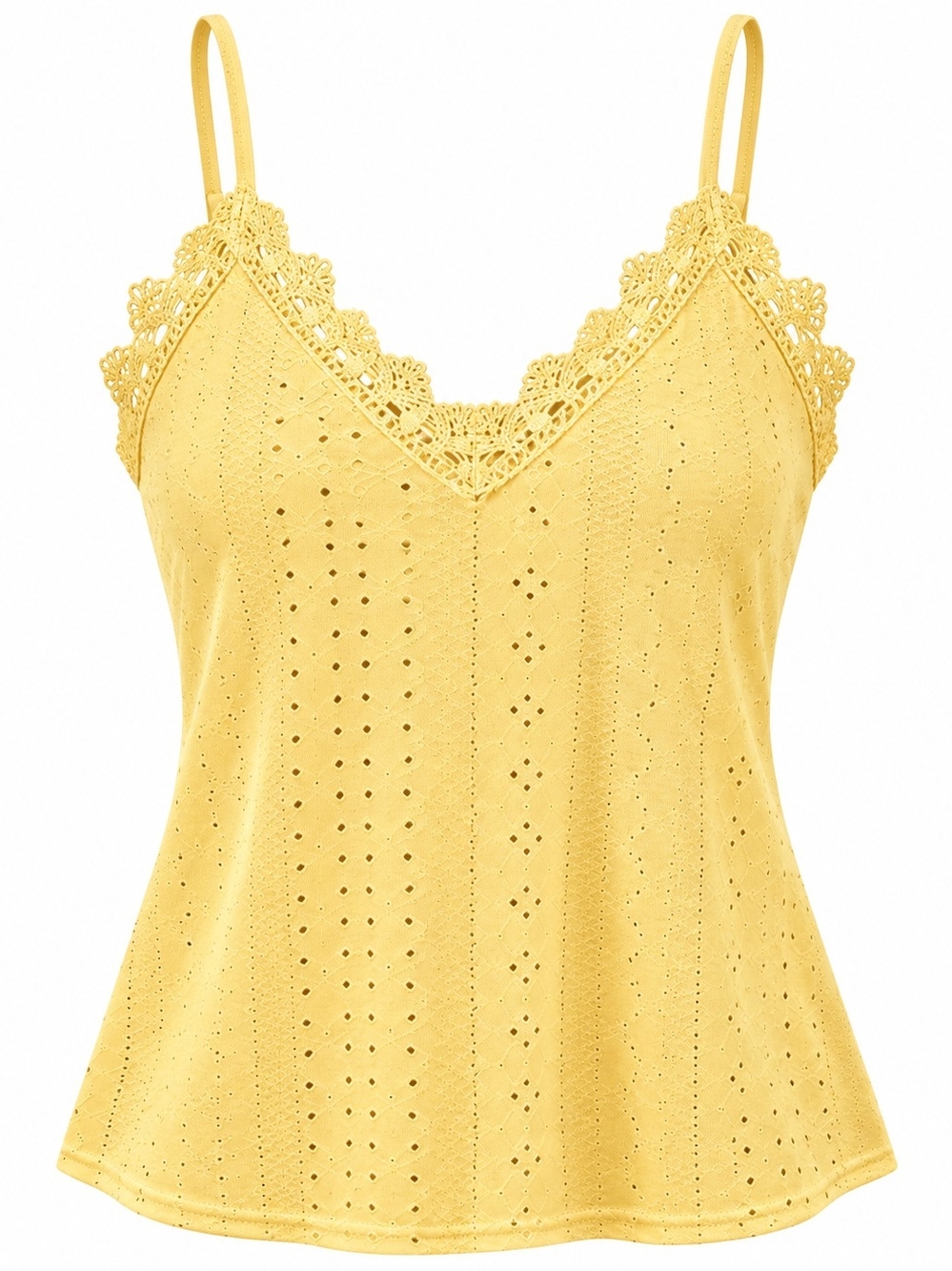 Yellow Lace Trim Eyelet Cami Top -  Women